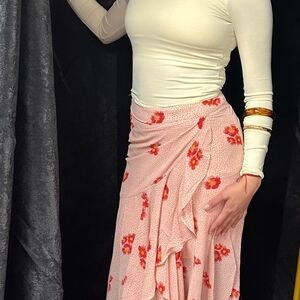 Besame Floral Saturated Love MIDI SKIRT Pink Wrap Skirt WOMEN SMALL NWT